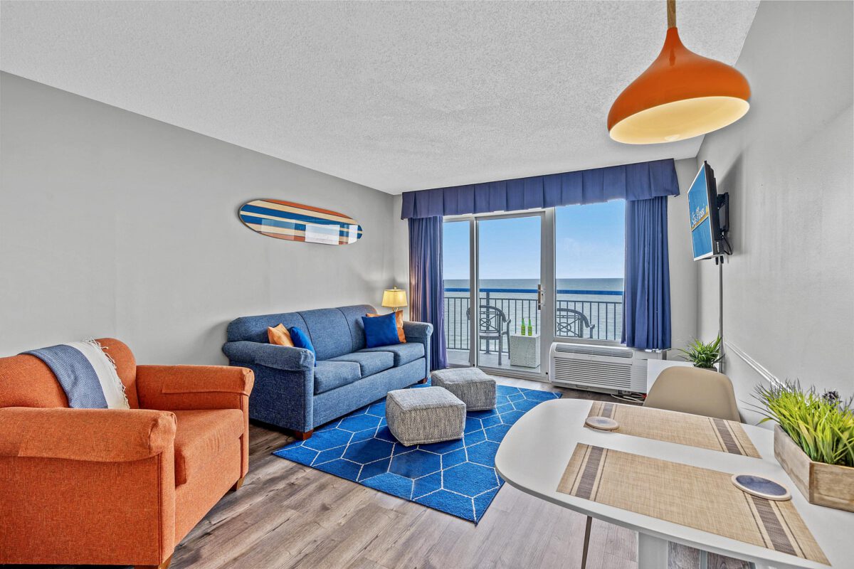 Deja View oceanfront suite living room with ocean view at StayMareni Myrtle Beach