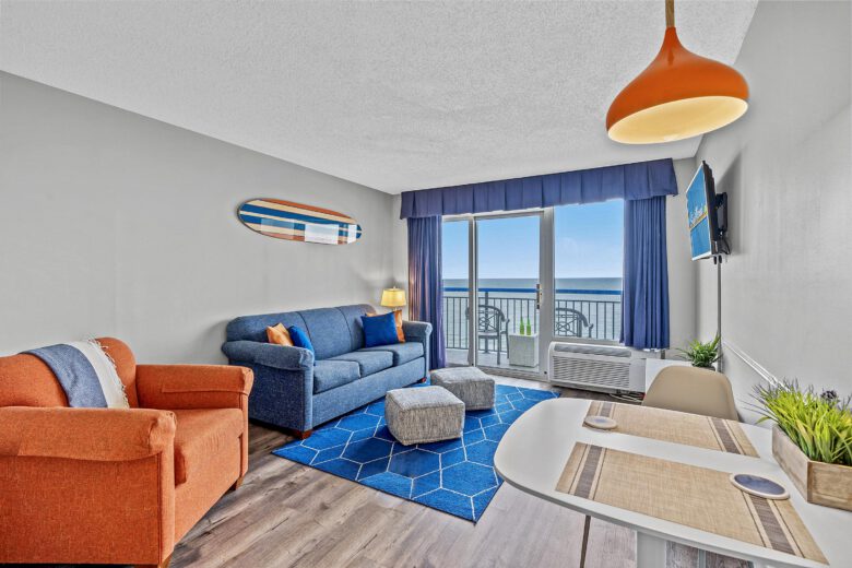 Deja View oceanfront suite living room with ocean view at StayMareni Myrtle Beach