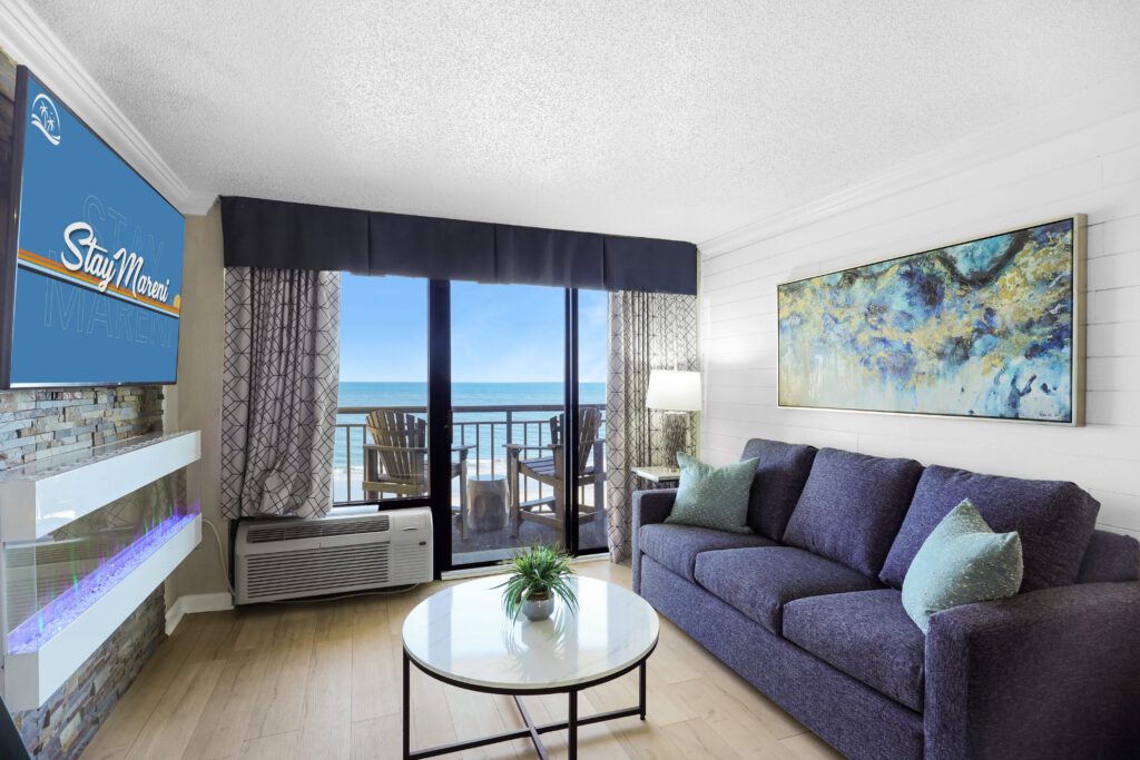 Oceanside Escape full kitchen in renovated vacation rental suite at StayMareni Myrtle Beach