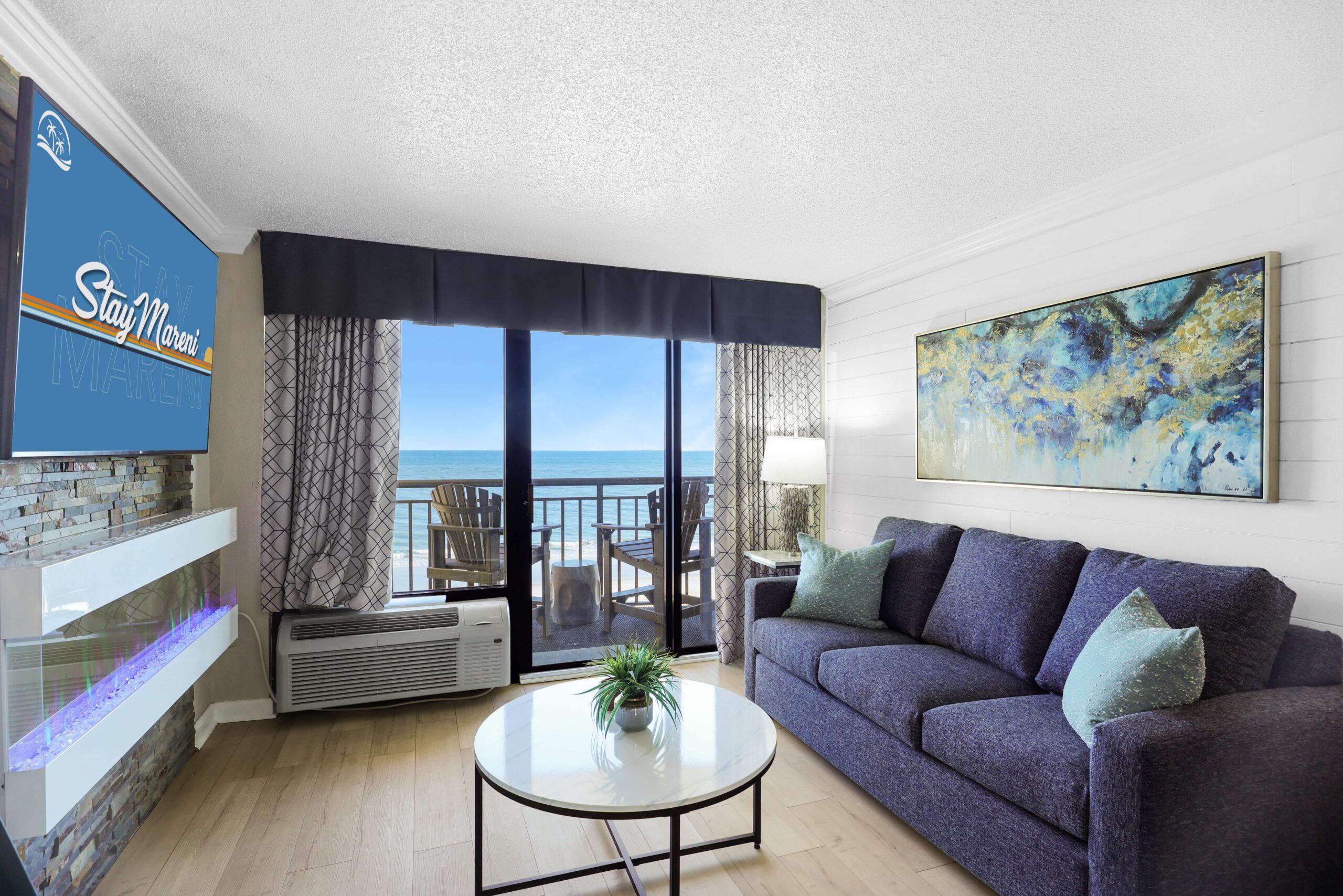 Oceanside Escape full kitchen in renovated vacation rental suite at StayMareni Myrtle Beach