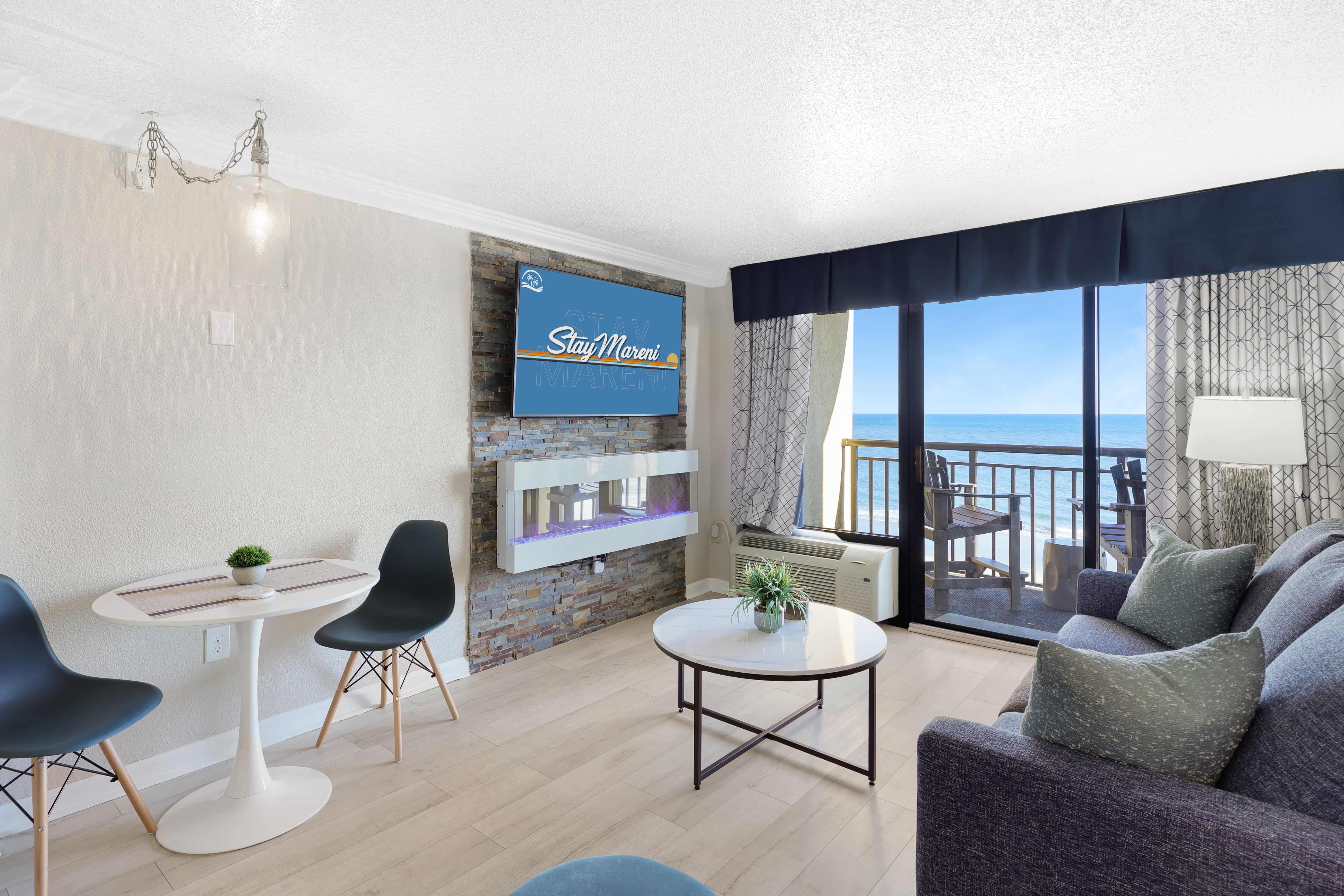 Updated oceanfront condo living area at Holiday Pavilion in Myrtle Beach