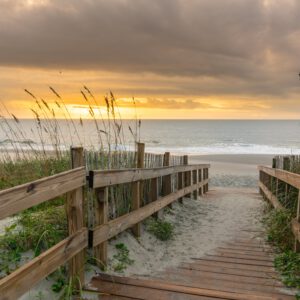 Myrtle Beach aerial coastline view with oceanfront resorts and sandy beach