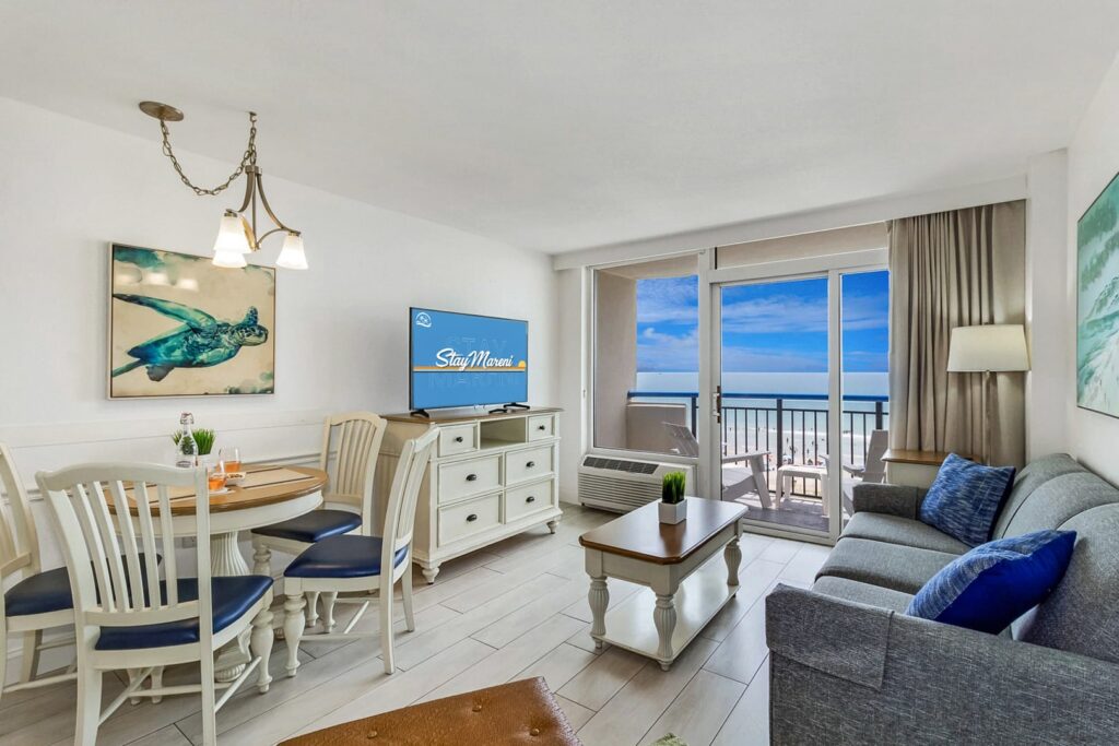 Tiki Beach vacation rental ocean view from private balcony at StayMareni Myrtle Beach