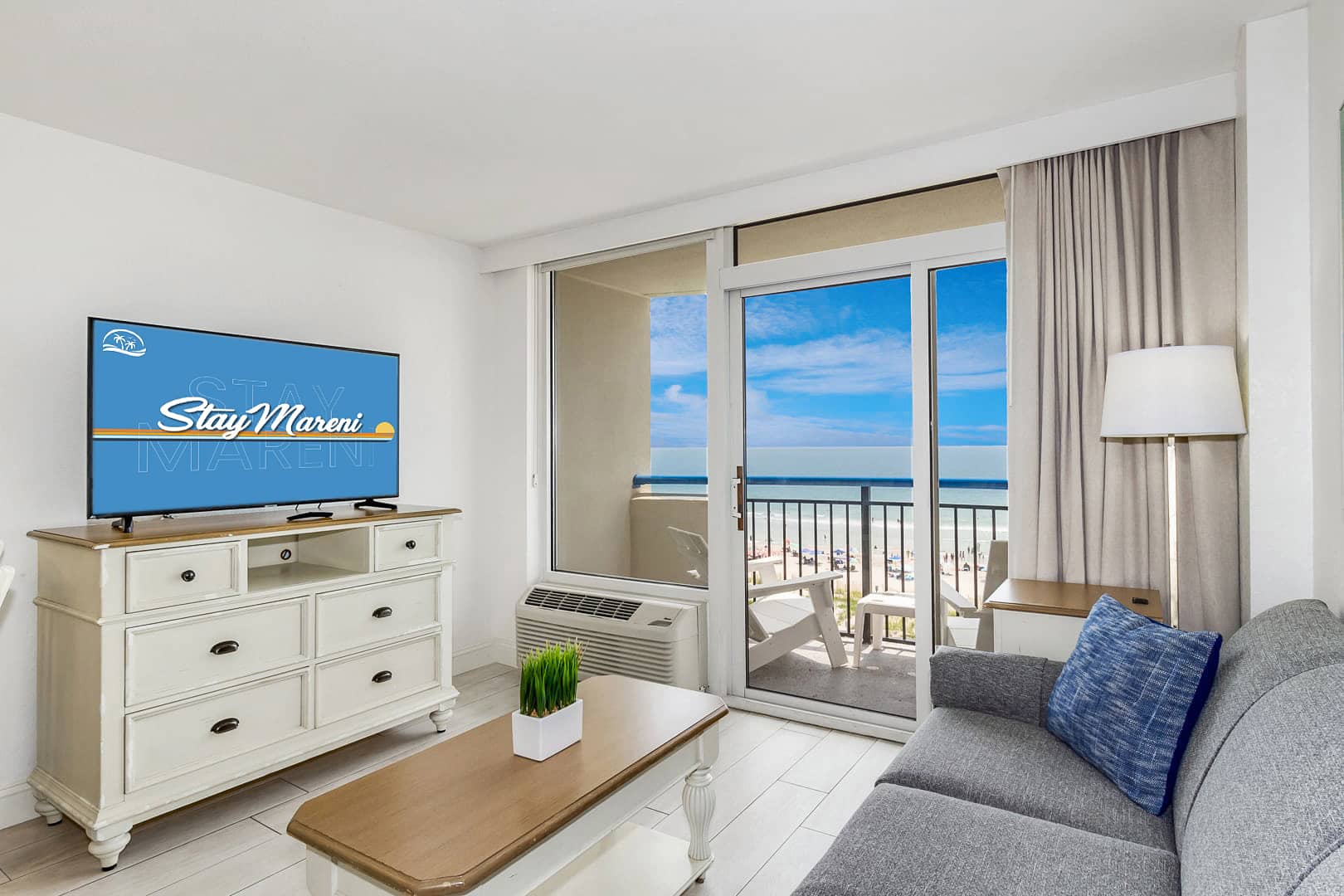 Tiki Beach oceanfront king suite with vibrant decor at StayMareni Myrtle Beach